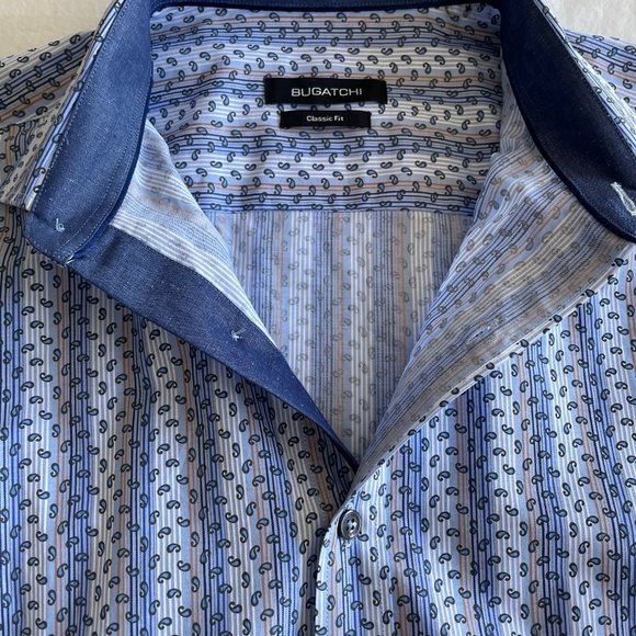 Bugatchi Shirt - Pale Blue/White Stripe - Medium - Classic Fit - Picture 3 of 5